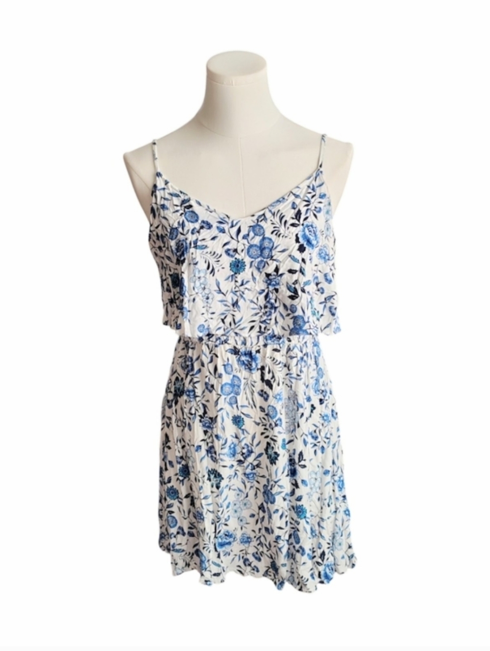 H&M Divided Blue and WhiteFloral Flutter Neckline Summer Mini Dress Size 10